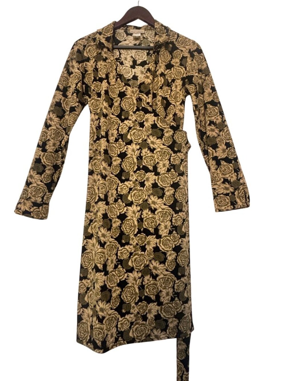 Susan Lawrence Black & Gold Floral Wrap Dress Long Sleeve Made In USA Size M - Picture 16 of 16